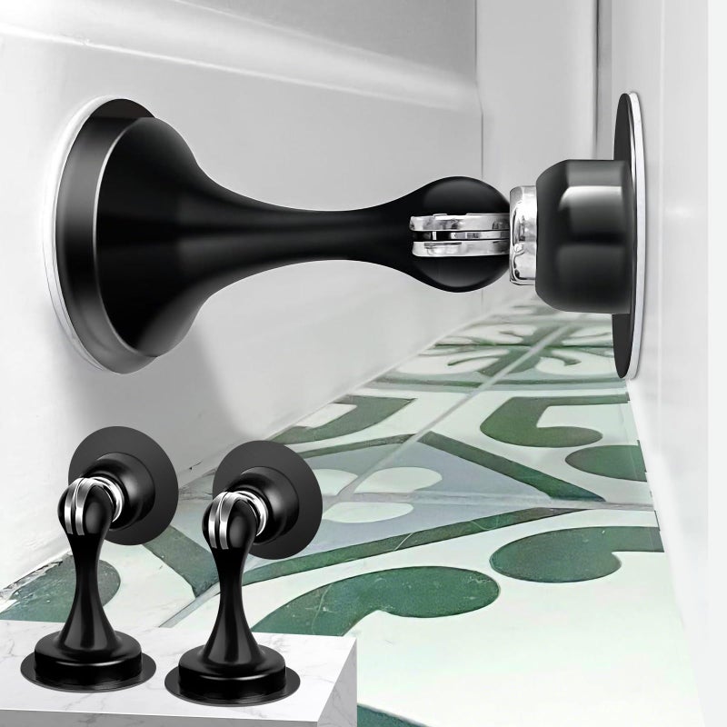 Gudui Door Stops, Magnetic Door Stoppers Self Adhesive Magnetic Door Catch Holders for Bottom of Door, Stainless Steel, No Drill Magnet Door Stops, Black, 2 Pack - Image 1